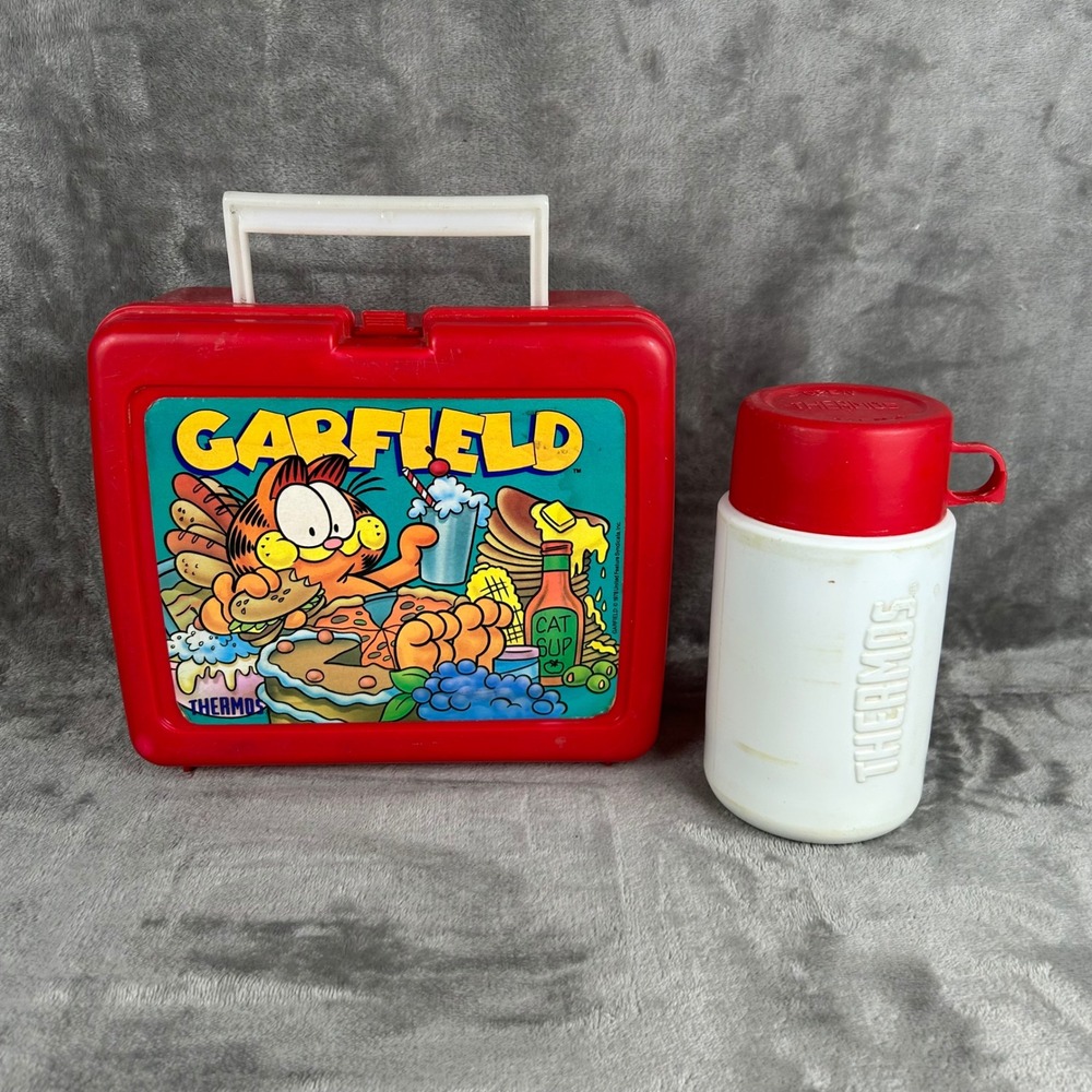 Vintage 80s Garfield Cat Plastic Lunch Box with Thermos Red Retro Jim Davis